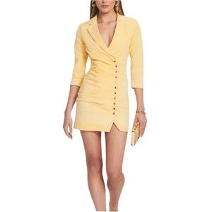 Retrofête Willa Dress Medium Yellow Denim Ruched Collared Mini Dress Snap Button
